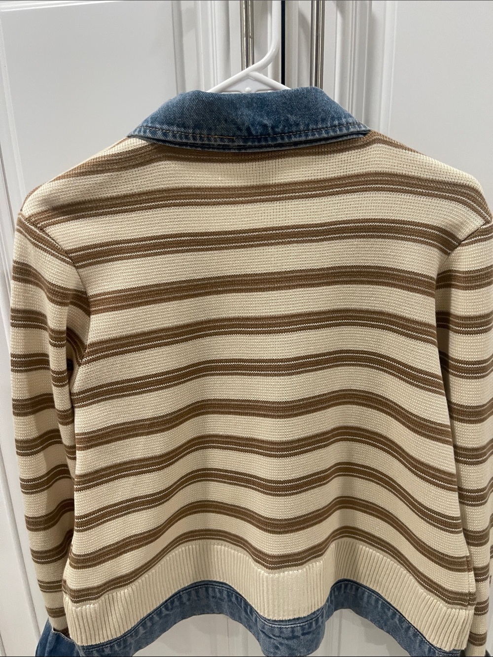 NWT Democracy ivory cream Striped Knit Jacket with Blue Denim Trim - Picture 10 of 14